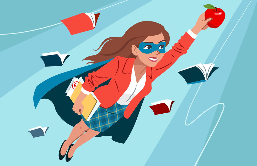 A woman in a red jacket and blue mask flies superhero-style, holding an apple and A+ papers. Books float around, set against a blue background.
