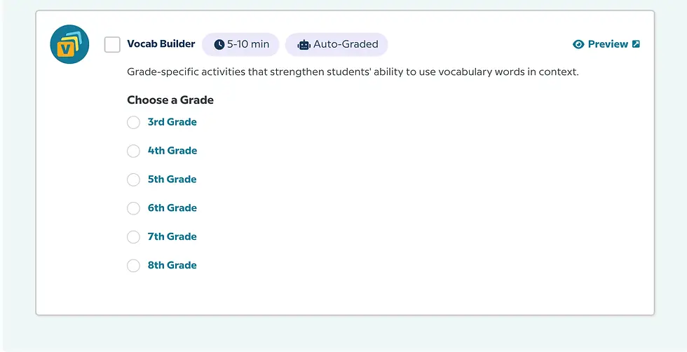 Vocab Builder interface showing "Choose a Grade" with options from 3rd to 8th grade. Features auto-graded activities.