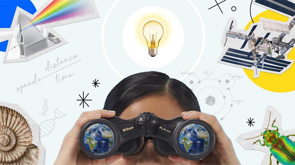 Student with binoculars and a light bulb over their head