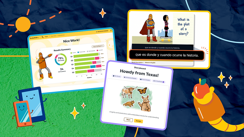 Collage of BrainPOP Jr. updates: all movies now in Spanish, Live Mode access, and new Texas Storyboards