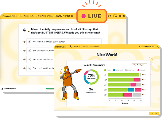 BrainPOP Jr. Live Mode example, displaying a multiple choice question at a specific reading level, shared live with the full class, along with the results summary of how the class scored.