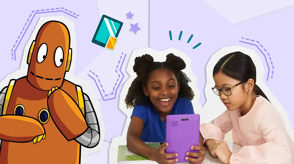 Moby the orange robot and two girls interacting with a tablet. One girl smiles in delight. Background is purple with stars and a tablet icon.