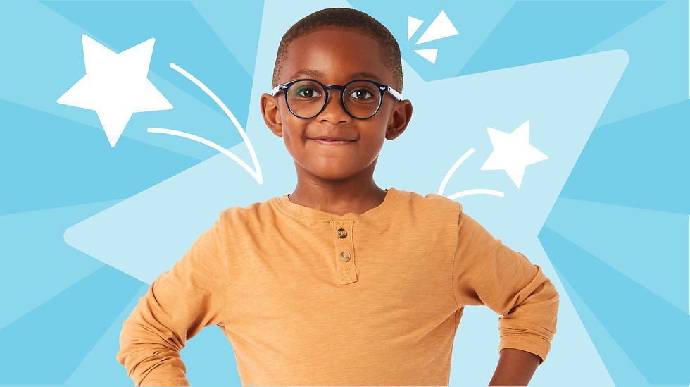 Young boy in glasses wearing a mustard shirt stands confidently with hands on hips. Blue starry background. Looks determined and cheerful.