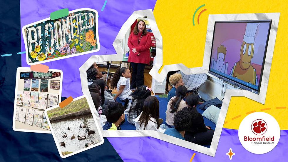 Teacher in red with students sitting on a carpet watching a BrainPOP movie with Tim and Moby on a screen. "Bloomfield" in floral text. Educational posters on a classroom wall. Bloomfield School District logo.