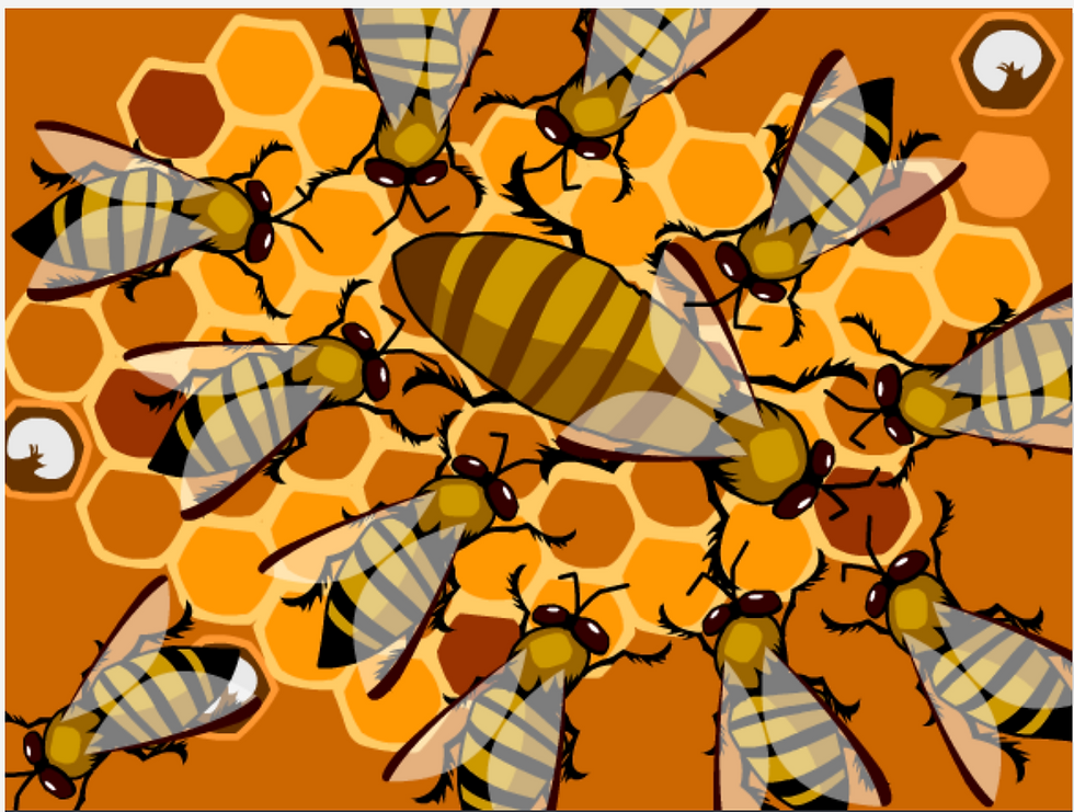 Illustration of bees surrounding a queen bee on an orange honeycomb background. Bees have striped bodies and transparent wings. From the BrainPOP Honeybees movie.