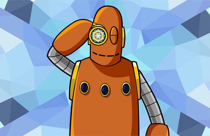 Moby the orange robot with gears in eye, touching head, standing against a blue geometric background. Three buttons on chest.