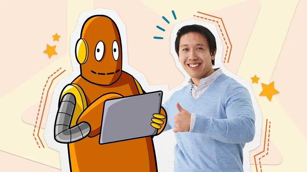 Moby the orange robot holding a tablet next to a smiling person giving a thumbs-up. Background has orange stars and abstract shapes. Mood is cheerful.