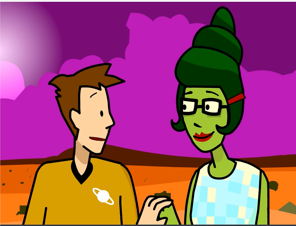 From BrainPOP's movie on "Aliens and Exoplanets." Tim, dressed like Spock from Star Trek, is on a red planet alongside Rita, who is green.