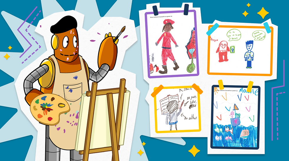 Moby the orange robot artist paints at an easel with colorful drawings pinned on a bright blue background, depicting various creative scenes.