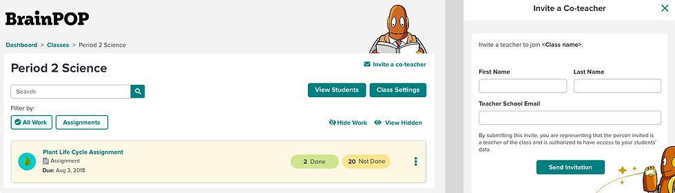 BrainPOP screen for Period 2 Science. Assignment: Plant Life Cycle. Due Aug 3, 2018. Invite a co-teacher form on the right.