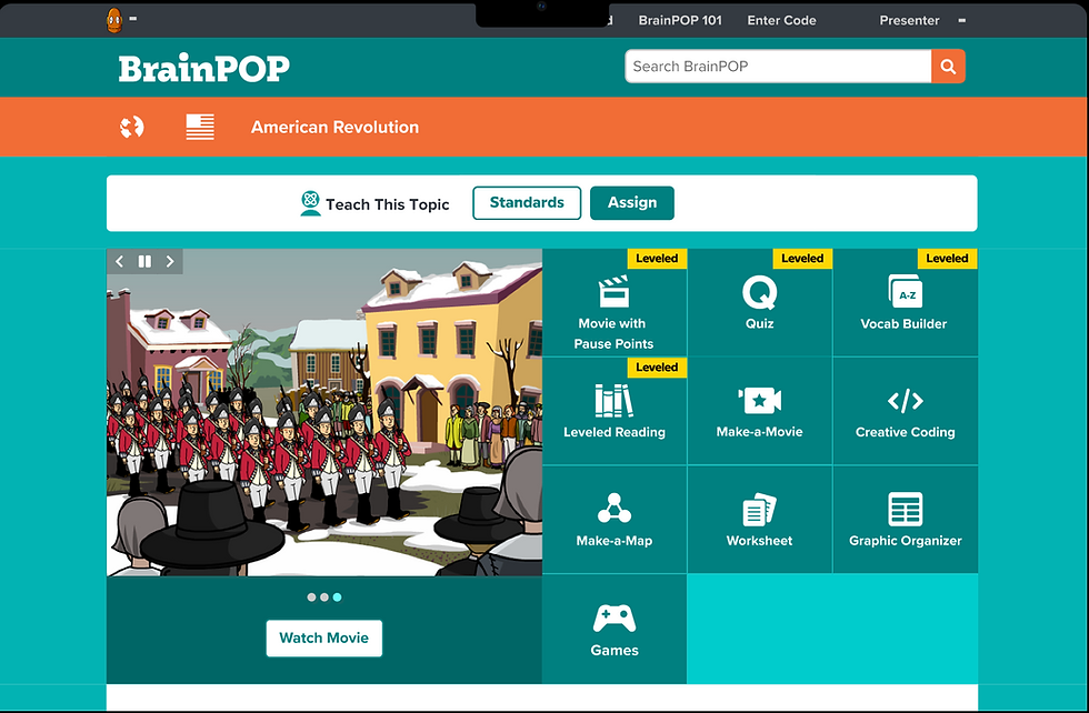 BrainPOP interface showing an American Revolution scene with redcoats marching. Options include "Watch Movie," quizzes, and learning tools.