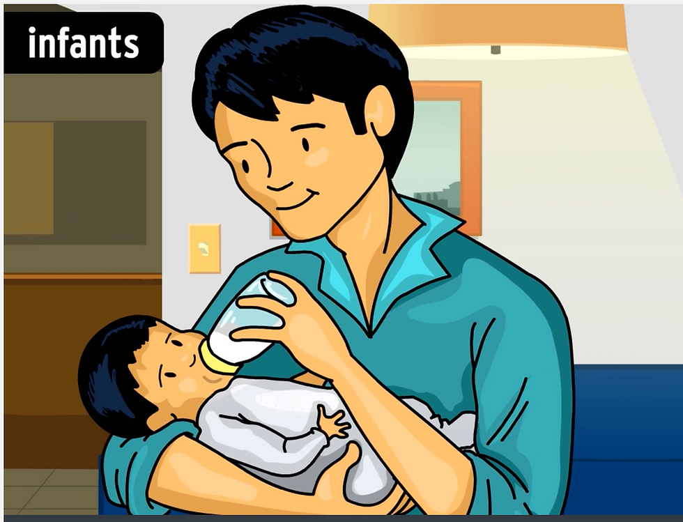 From the BrainPOP movie on parenthood. A person in a teal shirt feeds a baby with a bottle. The background shows a framed picture and beige wall. The word "infants" is visible.