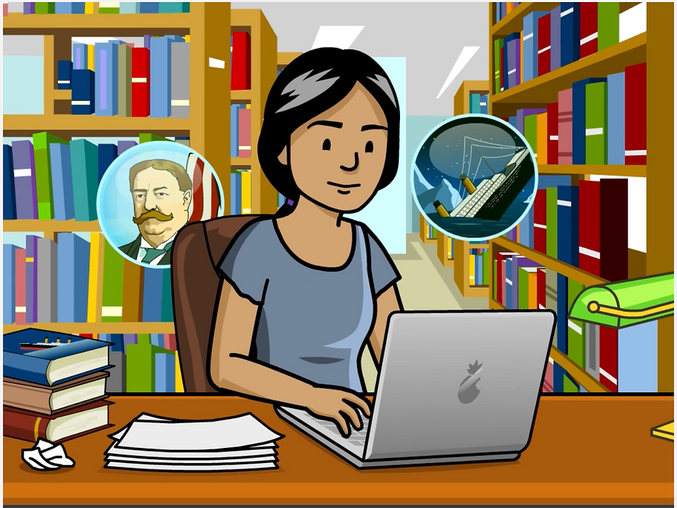 A woman in a library researches on a laptop at a desk with books. Images of a man and a sinking ship float by. Shelves with colorful books surround her.