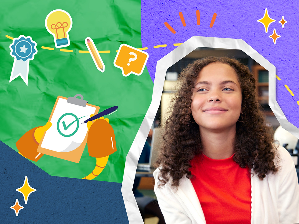 Smiling student in red and white, surrounded by colorful icons of creativity, learning, and achievement on a vibrant textured background.