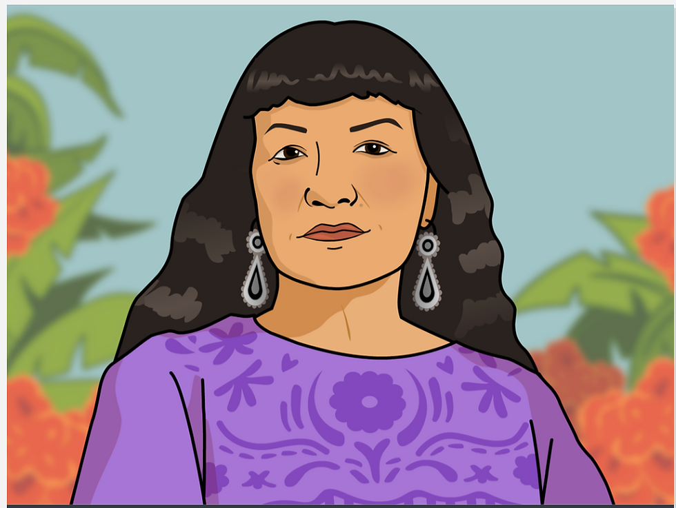 BrainPOP Sandra Cisneros topic: illustrated portrait of Sandra Cisneros wearing a purple embroidered top and dangling earrings, with orange flowers in the background.