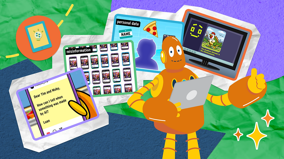 Moby, the orange robot, stands in front of scenes from BrainPOP's AI Literacy Collection. One letter reads "Dear Tim and Moby, How can I tell when something was made by AI?" Other screens show visualizations of misinformation and personal data.