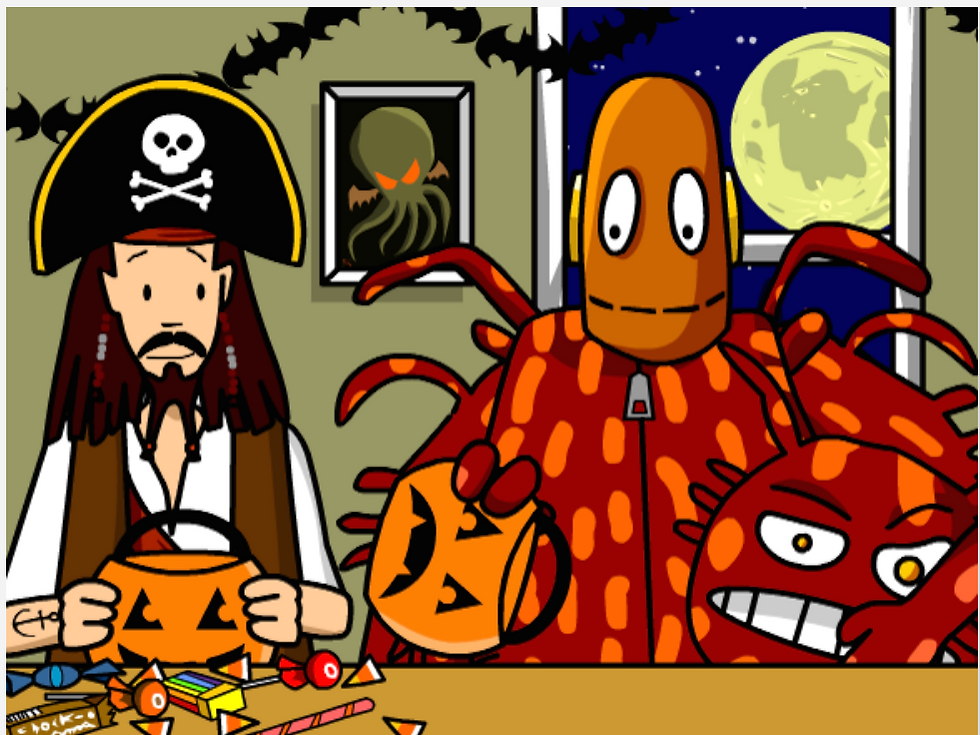 From the BrainPOP Halloween topic. Tim and Moby are dressed up as a pirate and a bug. They are dumping out candy from pumpkin-shaped trick-or-treat bags.