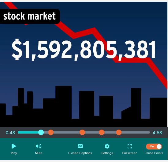 BrainPOP video interface showing a downward red graph, dark skyline, and text "stock market" and "$1,592,805,381." Mood suggests decline or loss.