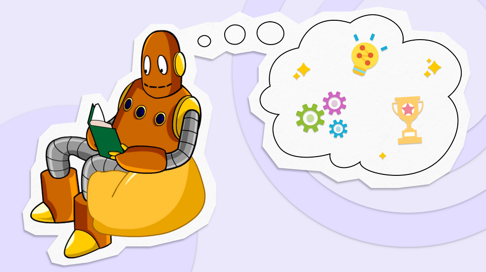 BrainPOP character, Moby, an orange robot, sitting on a bean bag and reading a book while a thought bubble demonstrates Moby's processing power