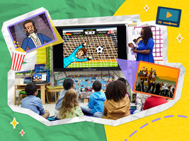 A lively classroom watching BrainPOP's movie on the World Cup. Students sit on a rug while the teacher stands at the front of the room. A collage of screens show other engaging topics like Lin Manuel Miranda and Juneteenth.