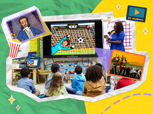 A lively classroom watching BrainPOP's movie on the World Cup. Students sit on a rug while the teacher stands at the front of the room. A collage of screens show other engaging topics like Lin Manuel Miranda and Juneteenth. 