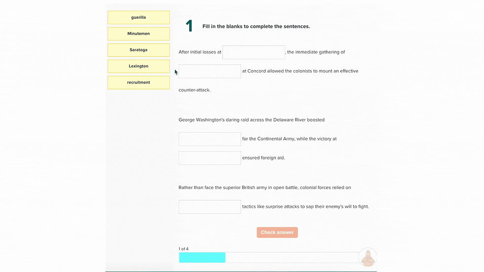 Interactive history quiz with fill-in-the-blank sentences and draggable answer options about Revolutionary War battles. "Check answer" button.