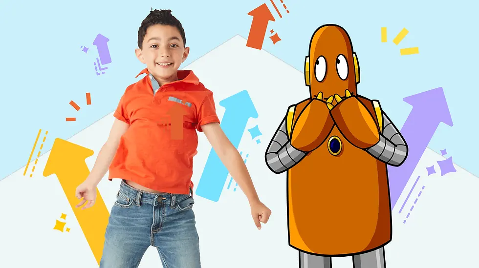Young boy in orange shirt smiling beside Moby the orange robot with hands near face. Colorful arrows and cheerful mood in the background.