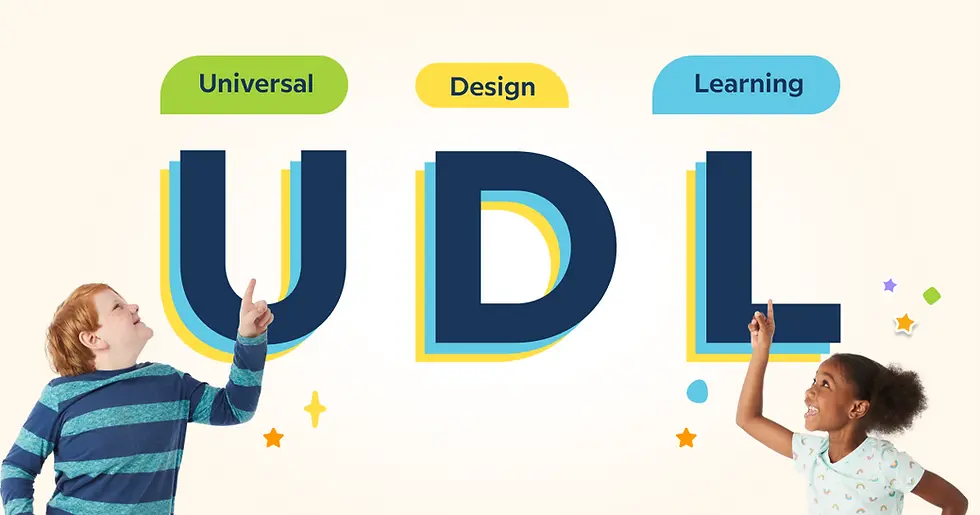 Children point at large "UDL" letters with "Universal Design Learning" text above. Colorful stars and shapes on a light background.