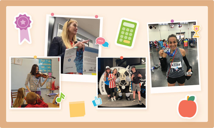 Collage of four photos: a teacher with kids, a woman holding a document, two people with a mascot, and a marathon runner with a medal.