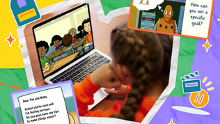 Child studies on a laptop while watching a cartoon classroom; side panels show Moby (an orange robot) wondering about goal-setting and a letter to Tim and Moby on feeling nervous about starting school soon.