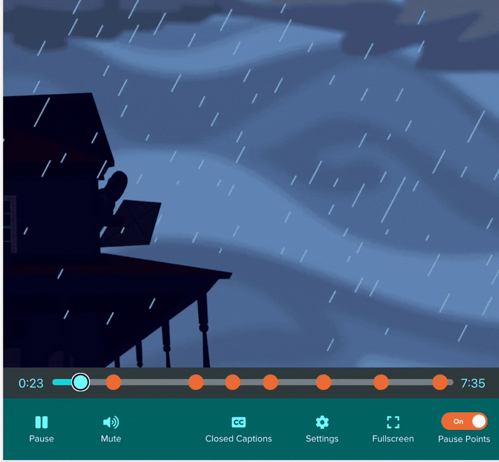 Animated house in a stormy night with heavy rain. A person is on the roof holding an umbrella. Video player controls visible at bottom.