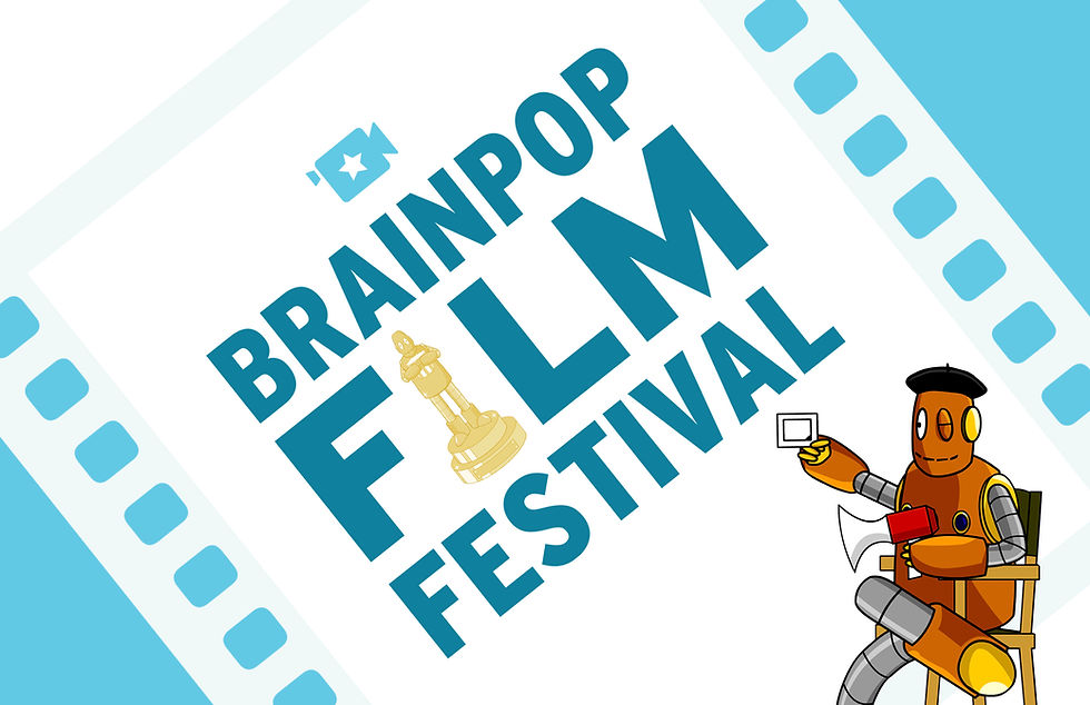 Moby the orange robot holding a clapperboard, seated in a director's chair. "BRAINPOP FILM FESTIVAL" text with filmstrip and gold trophy. Playful vibe.