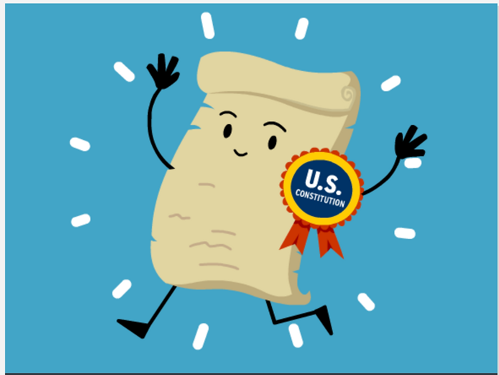 BrainPOP U.S. Constitution topic: animated illustration of a smiling scroll character with arms and legs, wearing a "U.S. Constitution" ribbon badge, on a blue background.