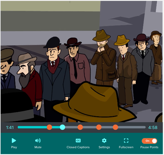 Still from BrainPOP's Great Depression movie. Animated group of men in hats and coats stand solemnly in a city street. BrainPOP video controls visible below the image.