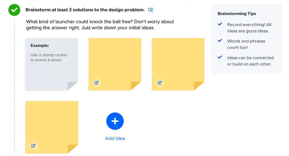 Brainstorming session image; yellow notes for ideas, "Add Idea" button below. Text: brainstorm solutions to a design problem. Simple layout.