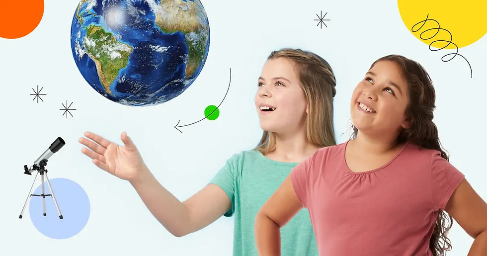 Two girls look up at a globe with joy. A telescope is beside them. The background is light with colorful circles and doodles.