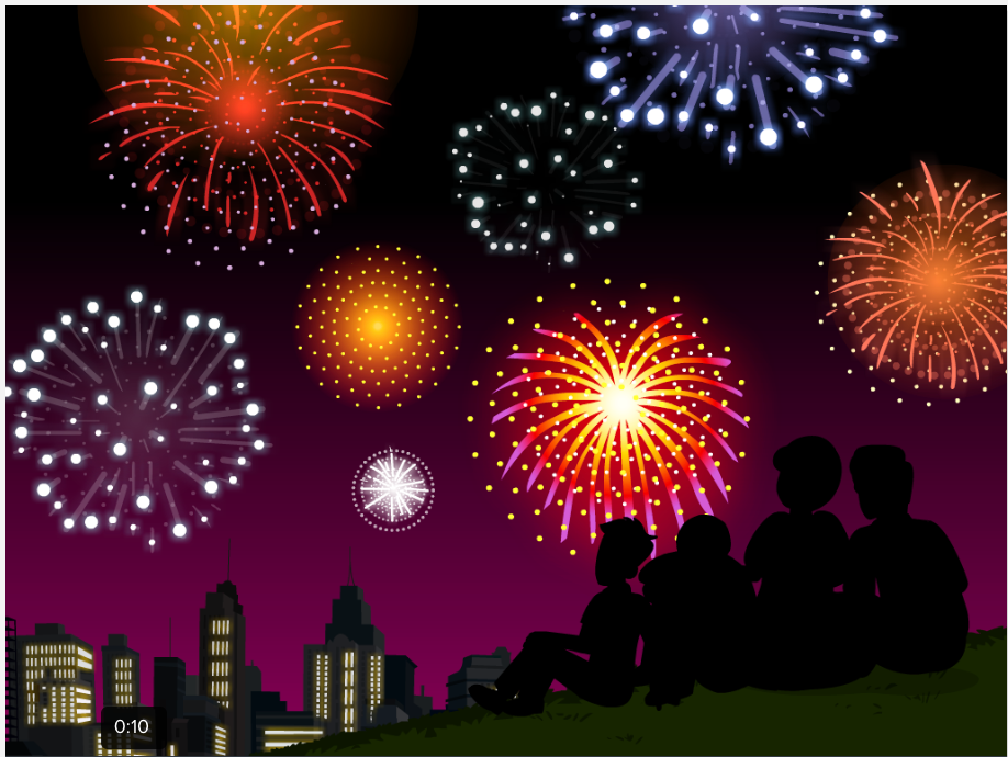 Fireworks explode against a city skyline at night. From the BrainPOP movie "Fireworks."