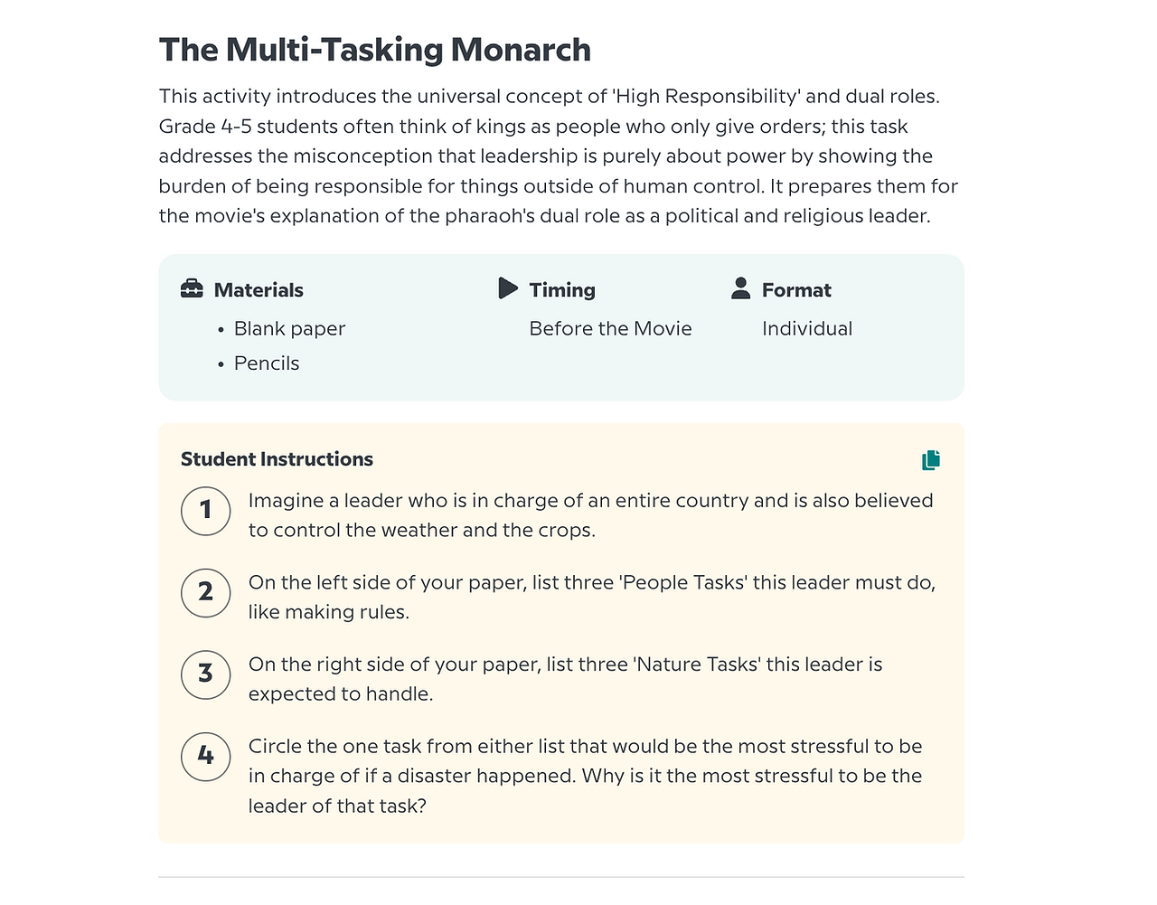 BrainPOP Unplugged Activity for the Egyptian Pharaohs topic, called "The Multi-Tasking Monarch," showing student instructions for a grade 4-5 activity exploring the dual political and religious roles of a pharaoh.