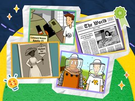 Animated BrainPOP educational movie stills displaying a suffragette with "Votes for Women" sign, Apollo 13 module, newspaper headline "Student wins war memorial contest", and two figures, Moby (an orange robot) and Tim in bee gear on a colorful background.