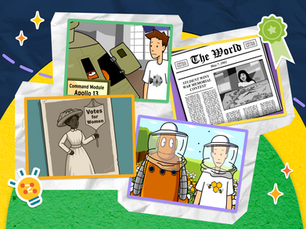 Animated BrainPOP educational movie stills displaying a suffragette with "Votes for Women" sign, Apollo 13 module, newspaper headline "Student wins war memorial contest", and two figures, Moby (an orange robot) and Tim in bee gear on a colorful background.