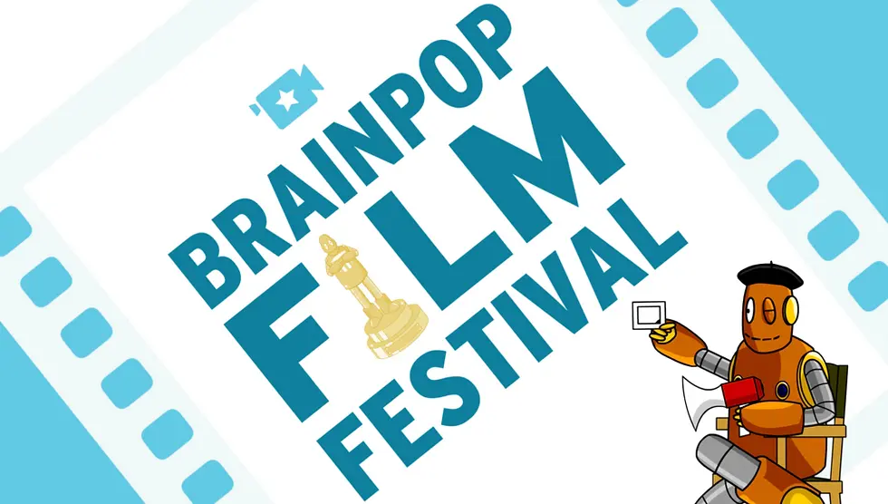 Moby with a beret and megaphone next to a BrainPOP Film Festival logo.