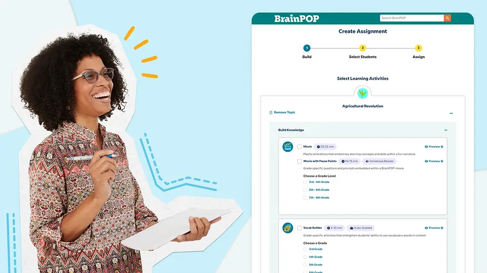 Smiling woman holds pen and notebook, engaging with a BrainPOP screen displaying "Create Assignment" and "Agricultural Revolution."