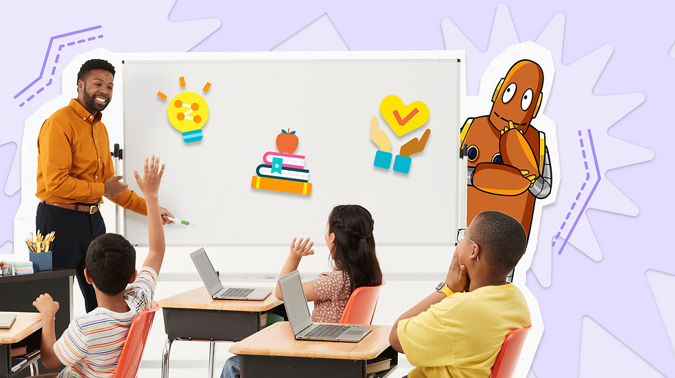 Teacher smiling at students in a colorful classroom with laptops. Whiteboard displays a lightbulb and books. Moby the robot is observing.