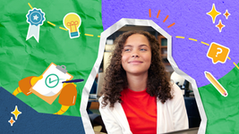 Smiling student in red and white, surrounded by colorful icons of creativity, learning, and achievement on a vibrant textured background.