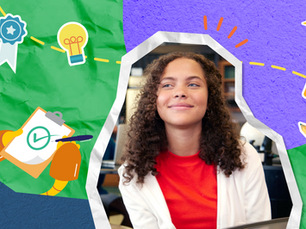Smiling student in red and white, surrounded by colorful icons of creativity, learning, and achievement on a vibrant textured background.