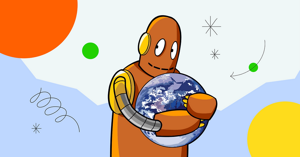 Moby the robot holds Earth, surrounded by colorful abstract shapes on a light background, creating a cheerful mood.