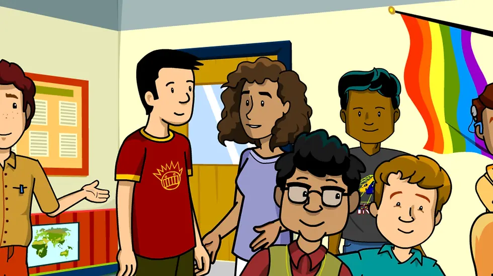 A group of diverse students in a classroom with a rainbow flag. One wears a red shirt with a sun design. The mood is friendly and inclusive.