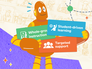 Moby, the orange robot, holds 3 signs representing implementation models for whole-group instruction, targeted support, and student driven learning.  Background is comic strip-style drawings of Tim and Moby. 