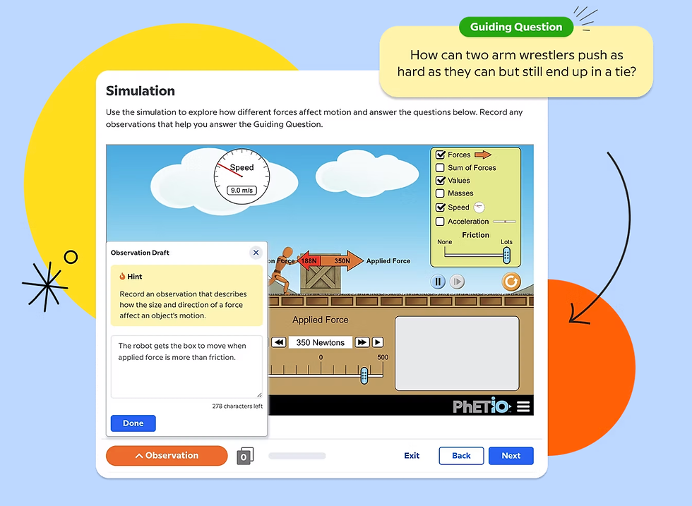 PhET simulation screen with an orange robot pushing a box, force and speed gauges, and a guiding question: How can two arm wrestlers push as hard as they can but still end up in a tie?