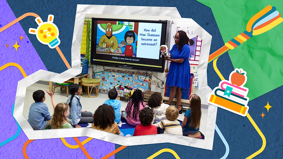 A teacher stands beside a screen showing a BrainPOP Jr. movie with Moby and Annie asking how Mae Jemison became an astronaut, while a group of young students sit on the floor watching, surrounded by icons of a lightbulb, paintbrush, and a stack of books topped with an apple.